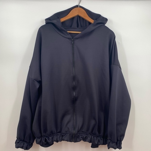 Dona Jo || Hooded Full Zip Jacket Scuba Ruffle Hoodie Black Size 3 US XL - Picture 1 of 5